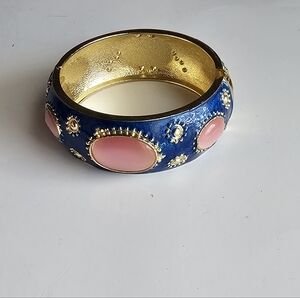Elegant Cobalt Blue and Pink Enamel Cuff Bangle Bracelet Gold Tone Vintage